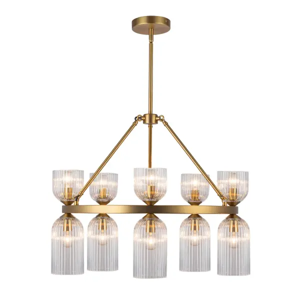 The Nelly lighting collection is a perfect blend of classic ribbed glass shades and modern asymmetrical forms. It's got a fresh and versatile vibe that'll make any room pop. Choose from green, opal, or clear glass, and you can mix and match to create a unique design that's all your own. Collection: Nelly Designer: Kuzco Studio Finish: Brushed Gold/Clear Ribbed Glass Glass: Clear Ribbed Glass Width: 25.88" Height: 21.88" Length: 25.88" Wire: 60" Rod: 46" (3x12" + 1x6" + 1x4") Canopy: D5.125" x H1" Number of Bulbs: 10 Maximum Wattage: 40.00 W Bulb Type: G Bulb Base: E12 Voltage: 120.00 V Material: Steel + Glass Country of Origin: China Safety Listing: UL Safety Rating: Dry Spec Sheet Instructions