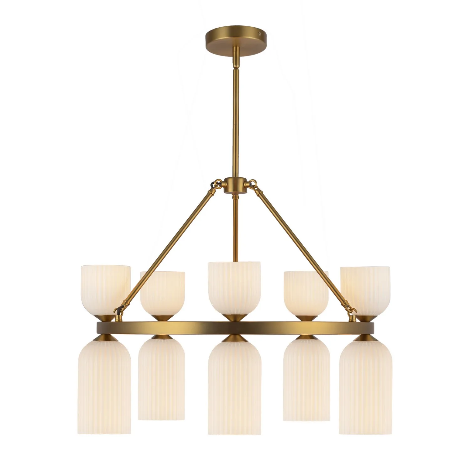 Nelly Ten Light Chandelier in Brushed Gold/Glossy Ribbed Opal Glass