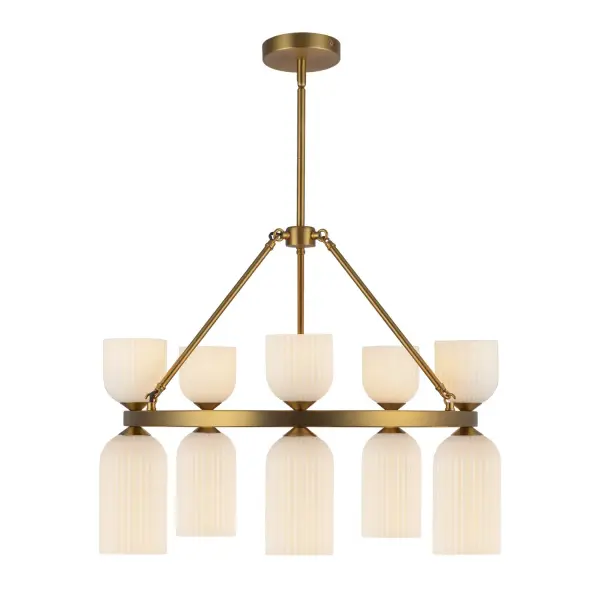 The Nelly lighting collection is a perfect blend of classic ribbed glass shades and modern asymmetrical forms. It's got a fresh and versatile vibe that'll make any room pop. Choose from green, opal, or clear glass, and you can mix and match to create a unique design that's all your own. Collection: Nelly Designer: Kuzco Studio Finish: Brushed Gold/Glossy Ribbed Opal Glass Glass: Glossy Ribbed Opal Glass Width: 25.88" Height: 21.88" Length: 25.88" Wire: 60" Rod: 46" (3x12" + 1x6" + 1x4") Canopy: D5.125" x H1" Number of Bulbs: 10 Maximum Wattage: 40.00 W Bulb Type: G Bulb Base: E12 Voltage: 120.00 V Material: Steel + Glass Country of Origin: China Safety Listing: UL Safety Rating: Dry Spec Sheet Instructions