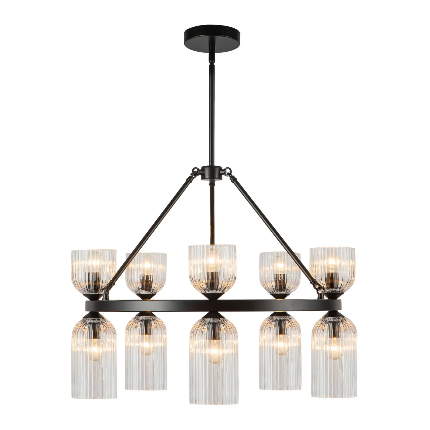 Nelly Ten Light Chandelier in Matte Black/Clear Ribbed Glass