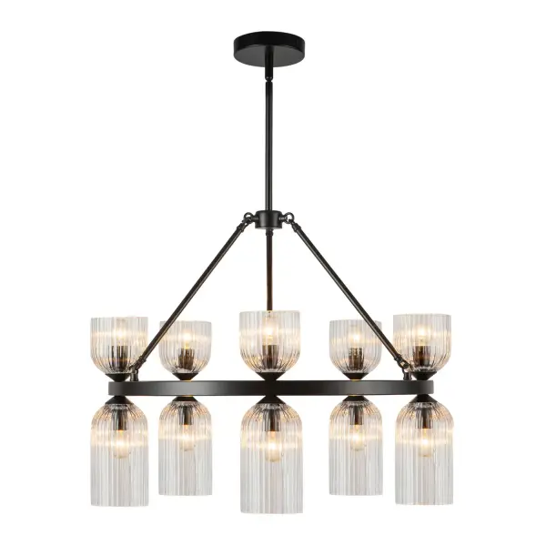 The Nelly lighting collection is a perfect blend of classic ribbed glass shades and modern asymmetrical forms. It's got a fresh and versatile vibe that'll make any room pop. Choose from green, opal, or clear glass, and you can mix and match to create a unique design that's all your own. Collection: Nelly Designer: Kuzco Studio Finish: Matte Black/Clear Ribbed Glass Glass: Clear Ribbed Glass Width: 25.88" Height: 21.88" Length: 25.88" Wire: 60" Rod: 46" (3x12" + 1x6" + 1x4") Canopy: D5.125" x H1" Number of Bulbs: 10 Maximum Wattage: 40.00 W Bulb Type: G Bulb Base: E12 Voltage: 120.00 V Material: Steel + Glass Country of Origin: China Safety Listing: UL Safety Rating: Dry Spec Sheet Instructions