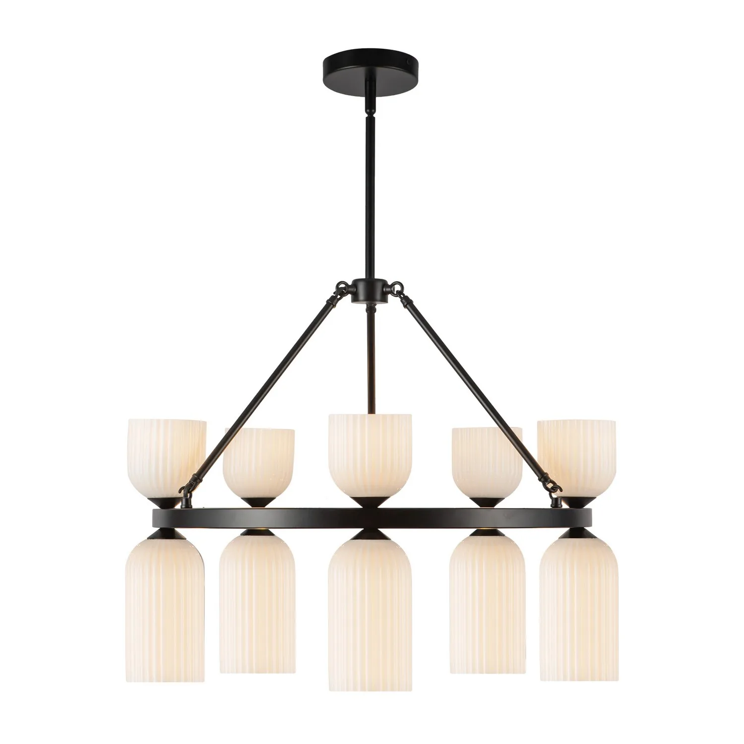 Nelly Ten Light Chandelier in Matte Black/Glossy Ribbed Opal Glass