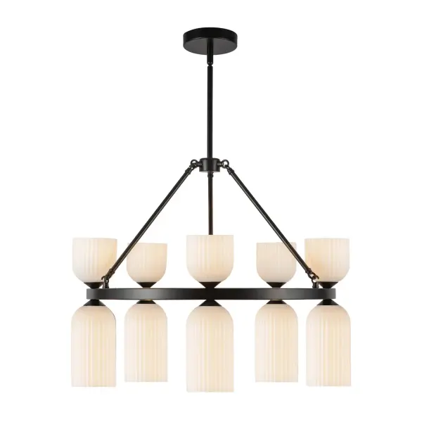 The Nelly lighting collection is a perfect blend of classic ribbed glass shades and modern asymmetrical forms. It's got a fresh and versatile vibe that'll make any room pop. Choose from green, opal, or clear glass, and you can mix and match to create a unique design that's all your own. Collection: Nelly Designer: Kuzco Studio Finish: Matte Black/Glossy Ribbed Opal Glass Glass: Glossy Ribbed Opal Glass Width: 25.88" Height: 21.88" Length: 25.88" Wire: 60" Rod: 46" (3x12" + 1x6" + 1x4") Canopy: D5.125" x H1" Number of Bulbs: 10 Maximum Wattage: 40.00 W Bulb Type: G Bulb Base: E12 Voltage: 120.00 V Material: Steel + Glass Country of Origin: China Safety Listing: UL Safety Rating: Dry Spec Sheet Instructions