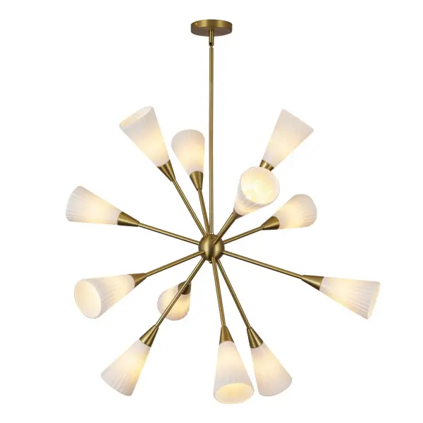 Transform your space with the Cosmo lighting collection—a modern take on the timeless mid-century sputnik chandelier. Featuring opal ribbed glass shades, Cosmo adds a touch of sleek sophistication and a bold, contemporary feel to any room's vibe. Collection: Cosmo Designer: Peyton Fox Finish: Brushed Gold/Glossy Ribbed Opal Glass Glass: Fluted Milk Glass Width: 38.63" Height: 33.38" Length: 38.63" Wire: 60" Rod: 46" (3x12" + 1x6" + 1x4") Canopy: D5.25" x H0.875" Number of Bulbs: 12 Maximum Wattage: 60.00 W Bulb Type: Candelabra Bulb Base: E12 Candelabra Voltage: 120.00 V Material: Steel + Glass Country of Origin: China Safety Listing: UL Safety Rating: Dry Spec Sheet Instructions