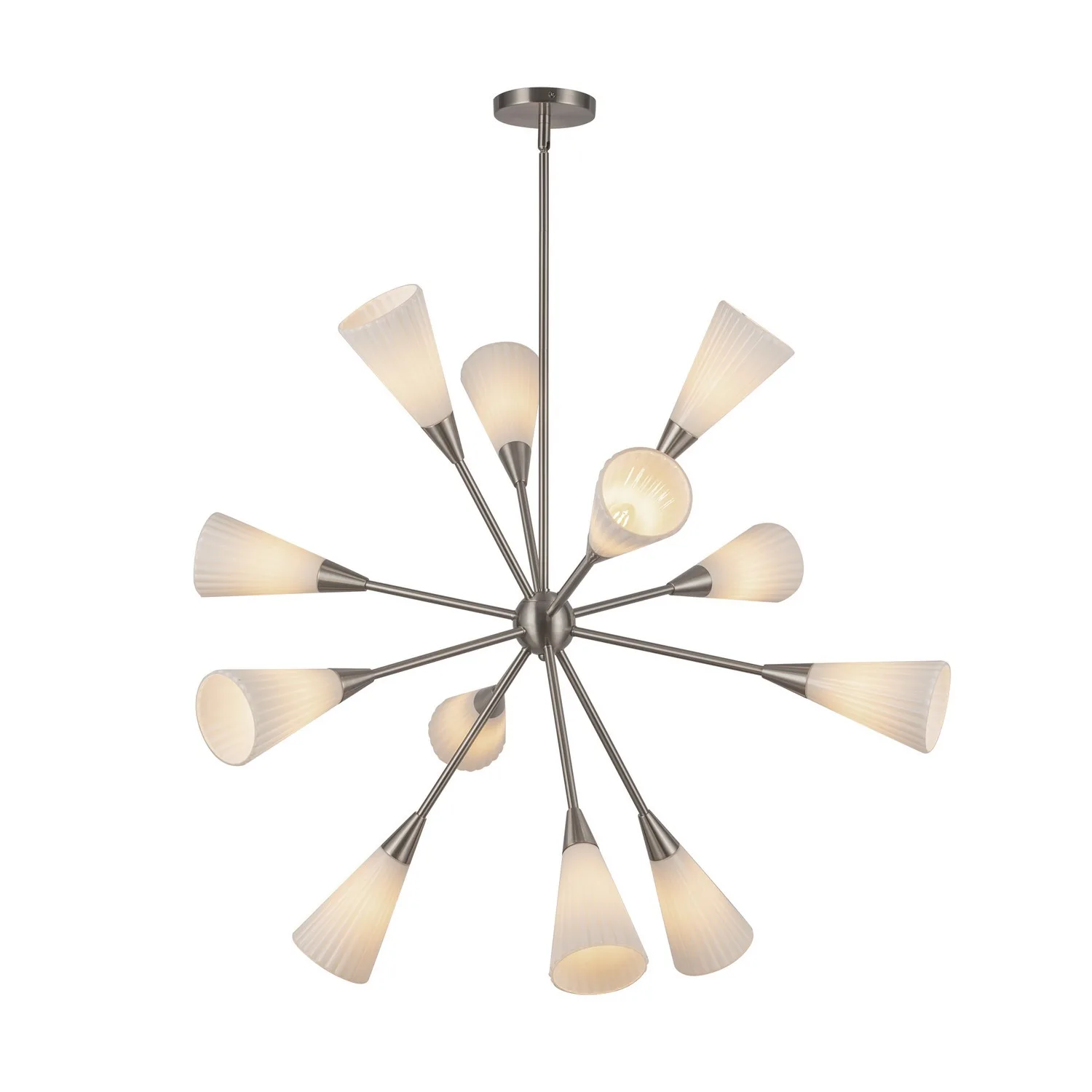 Cosmo 12 Light Chandelier in Brushed Nickel/Glossy Ribbed Opal Glass