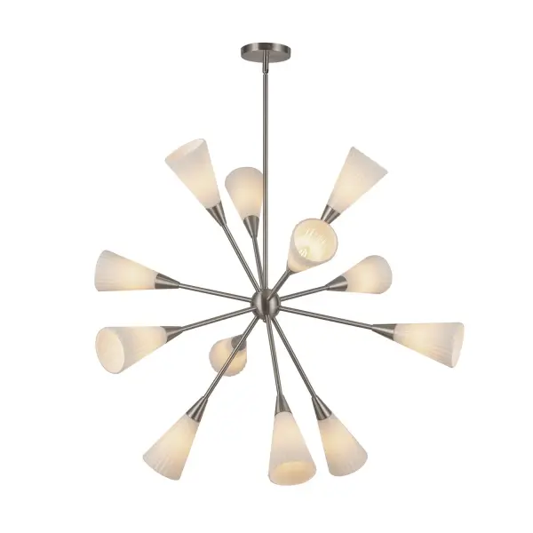 Transform your space with the Cosmo lighting collection—a modern take on the timeless mid-century sputnik chandelier. Featuring opal ribbed glass shades, Cosmo adds a touch of sleek sophistication and a bold, contemporary feel to any room's vibe. Collection: Cosmo Designer: Peyton Fox Finish: Brushed Nickel/Glossy Ribbed Opal Glass Glass: Fluted Milk Glass Width: 38.63" Height: 33.38" Length: 38.63" Wire: 60" Rod: 46" (3x12" + 1x6" + 1x4") Canopy: D5.25" x H0.875" Number of Bulbs: 12 Maximum Wattage: 60.00 W Bulb Type: Candelabra Bulb Base: E12 Candelabra Voltage: 120.00 V Material: Steel + Glass Country of Origin: China Safety Listing: UL Safety Rating: Dry Spec Sheet Instructions