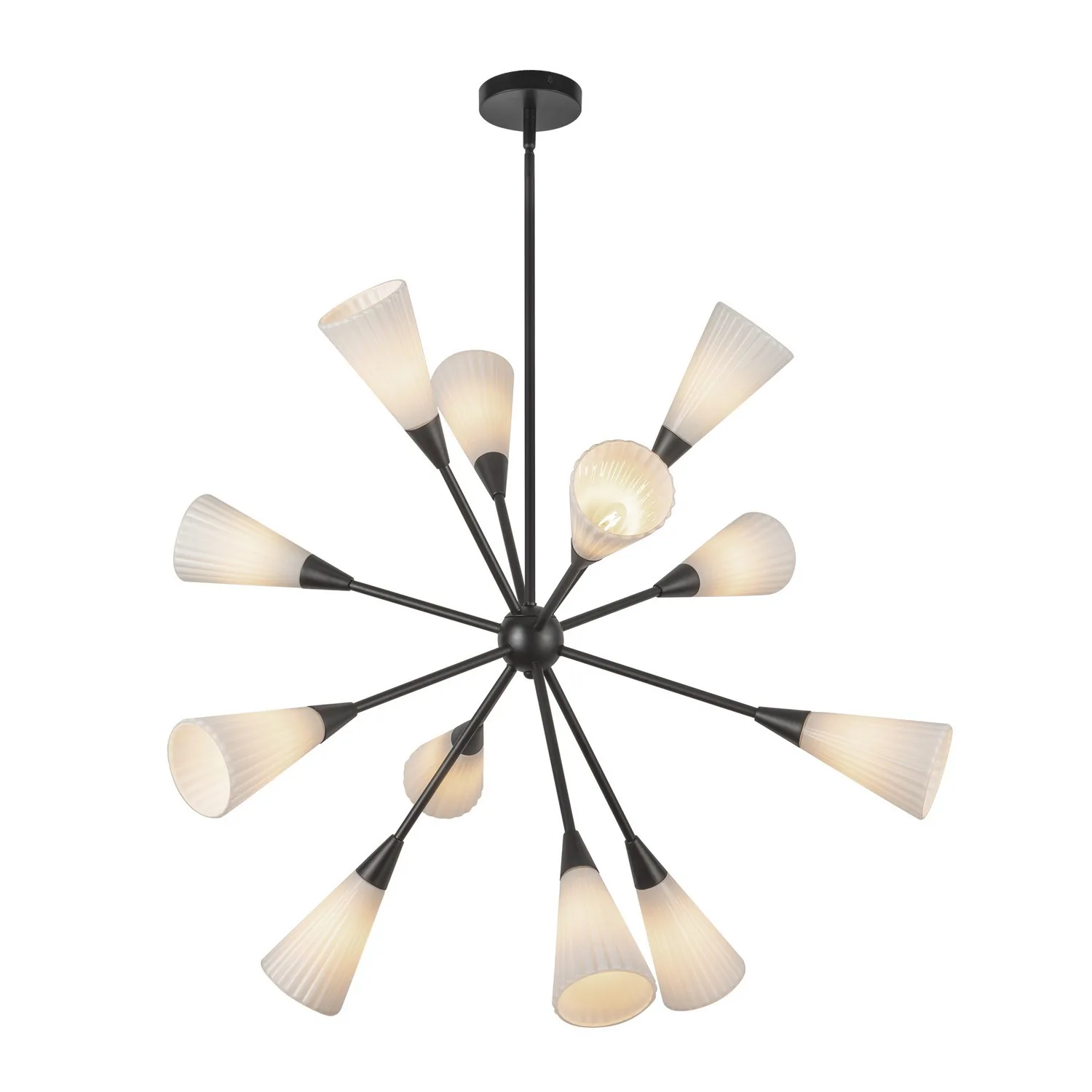 Cosmo 12 Light Chandelier in Matte Black/Glossy Ribbed Opal Glass