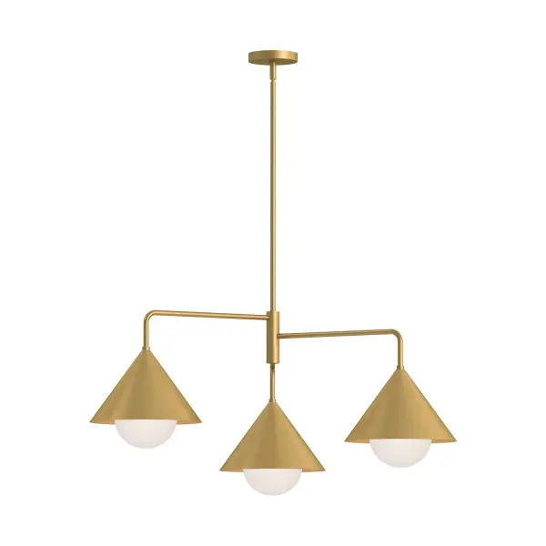 Inspired by Japanese design, the Remy Collection adds flair to simplistic design. With strong, triangular shades and details that make each piece unique, this collection stands out. Both Matte Black and Matte White finishes feature a pop of gold on the interior shade for added style. Also available in Brushed Gold Collection: Remy Designer: Alan Pepin Finish: Brushed Gold/Opal Glass Glass: Matte Opal Glass Width: 38.00" Height: 17.13" Length: 38.00" Rod: 46" (3x12" + 1x6" + 1x4") Canopy: D4.75" x H2.875" Number of Bulbs: 3 Maximum Wattage: 60.00 W Bulb Type: A15 Bulb Base: E26 Voltage: 120.00 V Material: Steel + Glass Country of Origin: China Safety Listing: UL Safety Rating: Dry Manufacturer Warranty: 1 Year Spec Sheet Instructions