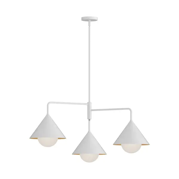 Inspired by Japanese design, the Remy Collection adds flair to simplistic design. With strong, triangular shades and details that make each piece unique, this collection stands out. Both Matte Black and Matte White finishes feature a pop of gold on the interior shade for added style. Also available in Brushed Gold Collection: Remy Designer: Alan Pepin Finish: White/Opal Glass Glass: Matte Opal Glass Width: 38.00" Height: 17.13" Length: 38.00" Rod: 46" (3x12" + 1x6" + 1x4") Canopy: D4.75" x H2.875" Number of Bulbs: 3 Maximum Wattage: 60.00 W Bulb Type: A15 Bulb Base: E26 Voltage: 120.00 V Material: Steel + Glass Country of Origin: China Safety Listing: UL Safety Rating: Dry Manufacturer Warranty: 1 Year Spec Sheet Instructions
