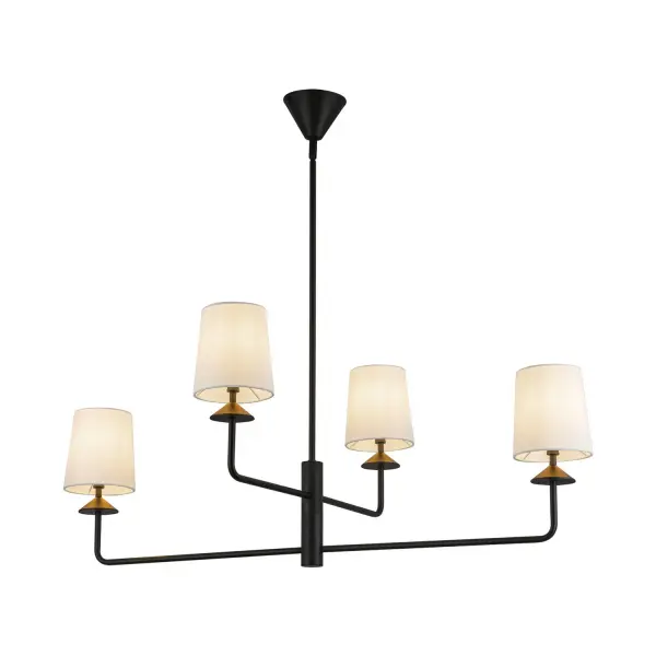 Introducing the Bridgette collection, where simplicity meets creativity in lighting! These fixtures feature striking triangular silhouettes and come in a variety of shades, so you can choose the perfect one to match your style. They'll add a pop of color and personality to any room. Collection: Bridgette Designer: Peyton Fox Finish: Matte Black/White Linen Glass: White Acrylic Diffuser Width: 29.50" Height: 17.25" Length: 44.50" Wire: 60" Rod: 46" (3x12" + 1x6" + 1x4") Canopy: D5.125" x H3.25" Number of Bulbs: 4 Maximum Wattage: 60.00 W Bulb Type: Candelabra Bulb Base: E12 Candelabra Voltage: 120.00 V Material: Steel + Linen Country of Origin: China Safety Listing: UL Safety Rating: Dry Spec Sheet Instructions