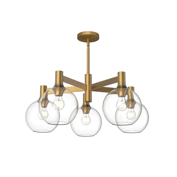 The Castilla collection has a classic chic style that is guaranteed to match the mood of your design. With two stunning metallic finishes and two glass options, this collection has endless design possibilities from fresh farmhouse to eclectic. Collection: Castilla Designer: Ryan Pauly Finish: Aged Gold/Clear Glass Glass: Clear Glass Width: 29.50" Height: 12.63" Length: 29.50" Weight: 13.88 lb Wire: 60" Rod: 46" (3x12" + 1x6" + 1x4") Canopy: D5.125" x H0.875" Number of Bulbs: 5 Maximum Wattage: 60.00 W Bulb Type: A19 Bulb Base: E26 Voltage: 120.00 V Material: Steel + Glass Country of Origin: China Safety Listing: UL Safety Rating: Dry Manufacturer Warranty: 1 Year Spec Sheet Instructions