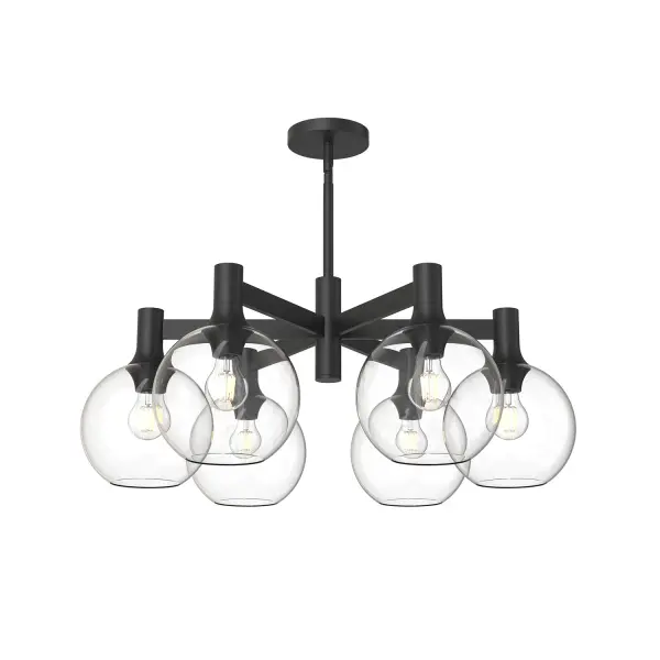 The Castilla collection has a classic chic style that is guaranteed to match the mood of your design. With two stunning metallic finishes and two glass options, this collection has endless design possibilities from fresh farmhouse to eclectic. Collection: Castilla Designer: Ryan Pauly Finish: Clear Glass/Matte Black Glass: Clear Glass Width: 29.50" Height: 12.63" Length: 29.50" Weight: 16.66 lb Wire: 60" Rod: 46" (3x12" + 1x6" + 1x4") Canopy: D5.125" x H0.875" Number of Bulbs: 6 Maximum Wattage: 60.00 W Bulb Type: A19 Bulb Base: E26 Voltage: 120.00 V Material: Steel + Glass Country of Origin: China Safety Listing: UL Safety Rating: Dry Manufacturer Warranty: 1 Year Spec Sheet Instructions