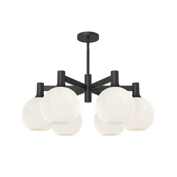 The Castilla collection has a classic chic style that is guaranteed to match the mood of your design. With two stunning metallic finishes and two glass options, this collection has endless design possibilities from fresh farmhouse to eclectic. Collection: Castilla Designer: Ryan Pauly Finish: Matte Black/Opal Matte Glass Glass: Matte Opal Glass Width: 29.50" Height: 12.63" Length: 29.50" Weight: 16.66 lb Wire: 60" Rod: 46" (3x12" + 1x6" + 1x4") Canopy: D5.125" x H0.875" Number of Bulbs: 6 Maximum Wattage: 60.00 W Bulb Type: A19 Bulb Base: E26 Voltage: 120.00 V Material: Steel + Glass Country of Origin: China Safety Listing: UL Safety Rating: Dry Manufacturer Warranty: 1 Year Spec Sheet Instructions