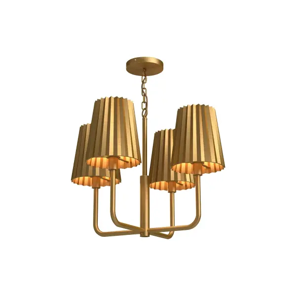 Straight off the Parisian runway comes the unique Plisse collection. With pleats of stunning metal or glass, this collection adds chic ambiance wherever it goes. From striking large-form metal pendants to delicate vintage-inspired glass sconces, the Plisse captures the essence of vintage class. Collection: Plisse Designer: Alan Pepin Finish: Aged Gold Glass: Steel Shade Width: 22.50" Height: 16.88" Length: 22.50" Weight: 13.13 lb Wire: 84" Gold Canopy: D5.125" x H0.875" Number of Bulbs: 4 Maximum Wattage: 60.00 W Bulb Type: A19 Bulb Base: E26 Voltage: 120.00 V Material: Steel Country of Origin: China Safety Listing: UL Safety Rating: Dry Manufacturer Warranty: 1 Year Spec Sheet Instructions