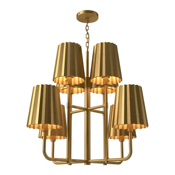 Straight off the Parisian runway comes the unique Plisse collection. With pleats of stunning metal or glass, this collection adds chic ambiance wherever it goes. From striking large-form metal pendants to delicate vintage-inspired glass sconces, the Plisse captures the essence of vintage class. Collection: Plisse Designer: Alan Pepin Finish: Aged Gold Glass: Steel Shade Width: 30.00" Height: 25.88" Length: 30.00" Weight: 20.23 lb Wire: 84" Gold Canopy: D5.125" x H0.875" Number of Bulbs: 8 Maximum Wattage: 60.00 W Bulb Type: A19 Bulb Base: E26 Voltage: 120.00 V Material: Steel Country of Origin: China Safety Listing: UL Safety Rating: Dry Manufacturer Warranty: 1 Year Spec Sheet Instructions