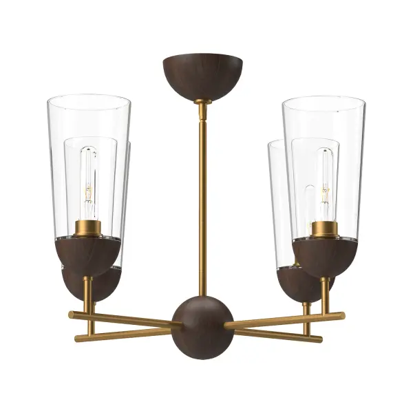 Bring a touch of organic style to your lighting with the Emil collection. Adorned in gorgeous White Oak or Walnut wood finishes and completed with luxe metallic detailing, this collection is stunningly unique. Change the mood of the fixture completely from Scandinavian to rustic cottage by choosing between these iconic finish pairings. Collection: Emil Designer: Alan Pepin Finish: Aged Gold/Walnut Glass: Clear Glass Width: 25.00" Height: 14.88" Length: 25.00" Weight: 6.61 lb Wire: 60" Rod: 46" (3x12" + 1x6" + 1x4") Canopy: D5.125" x H2.75" Number of Bulbs: 4 Maximum Wattage: 60.00 W Bulb Type: T Bulb Base: E26 Voltage: 120.00 V Material: Steel + Glass Country of Origin: China Safety Listing: UL Safety Rating: Dry Manufacturer Warranty: 1 Year Spec Sheet Instructions