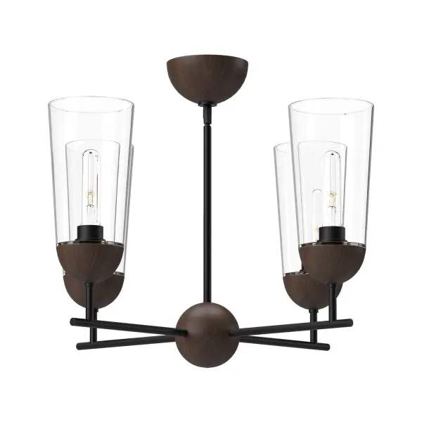Bring a touch of organic style to your lighting with the Emil collection. Adorned in gorgeous White Oak or Walnut wood finishes and completed with luxe metallic detailing, this collection is stunningly unique. Change the mood of the fixture completely from Scandinavian to rustic cottage by choosing between these iconic finish pairings. Collection: Emil Designer: Alan Pepin Finish: Matte Black/Walnut Glass: Clear Glass Width: 25.00" Height: 14.88" Length: 25.00" Weight: 6.61 lb Wire: 60" Rod: 46" (3x12" + 1x6" + 1x4") Canopy: D5.125" x H2.75" Number of Bulbs: 4 Maximum Wattage: 60.00 W Bulb Type: T Bulb Base: E26 Voltage: 120.00 V Material: Steel + Glass Country of Origin: China Safety Listing: UL Safety Rating: Dry Manufacturer Warranty: 1 Year Spec Sheet Instructions