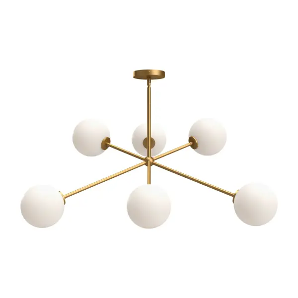 Mid-century shapes meet modern boho flair in the Cassia Collection. With Sputnik-style shapes dancing with Opal Matte or Clear glass globes, this collection is two parts class, one part sass. Available in two finishes to match the mood of your space, Matte Black or Aged Gold. Collection: Cassia Finish: Aged Gold/Opal Matte Glass Glass: Matte Opal Glass Width: 39.50" Height: 16.38" Length: 39.50" Weight: 8.37 lb Wire: 60" Rod: 46" (3x12" + 1x6" + 1x4") Canopy: D4.75" x H0.875" Number of Bulbs: 6 Maximum Wattage: 40.00 W Bulb Type: E12 Bulb Base: E12 Candelabra Voltage: 120.00 V Material: Steel + Glass Country of Origin: China Safety Listing: UL Safety Rating: Dry Manufacturer Warranty: 1 Year Spec Sheet Instructions