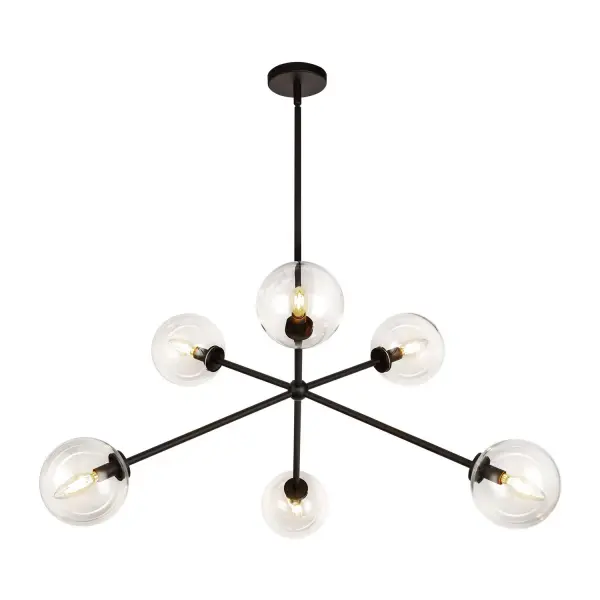 Mid-century shapes meet modern boho flair in the Cassia Collection. With Sputnik-style shapes dancing with Opal Matte or Clear glass globes, this collection is two parts class, one part sass. Available in two finishes to match the mood of your space, Matte Black or Aged Gold. Collection: Cassia Finish: Matte Black/Clear Glass Glass: Clear Glass Width: 39.50" Height: 16.38" Length: 39.50" Wire: 60" Rod: 46" (3x12" + 1x6" + 1x4") Canopy: D4.75" x H0.875" Number of Bulbs: 6 Maximum Wattage: 40.00 W Bulb Type: Candelabra Bulb Base: E12 Candelabra Voltage: 120.00 V Material: Steel + Glass Country of Origin: China Safety Listing: UL Safety Rating: Dry Spec Sheet Instructions