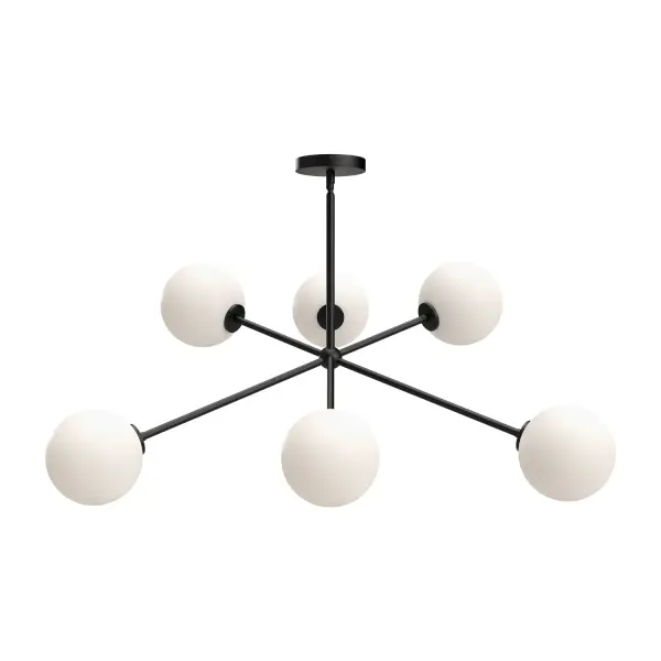 Mid-century shapes meet modern boho flair in the Cassia Collection. With Sputnik-style shapes dancing with Opal Matte or Clear glass globes, this collection is two parts class, one part sass. Available in two finishes to match the mood of your space, Matte Black or Aged Gold. Collection: Cassia Finish: Matte Black/Opal Matte Glass Glass: Matte Opal Glass Width: 39.50" Height: 16.38" Length: 39.50" Weight: 8.37 lb Wire: 60" Rod: 46" (3x12" + 1x6" + 1x4") Canopy: D4.75" x H0.875" Number of Bulbs: 6 Maximum Wattage: 40.00 W Bulb Type: E-12 Bulb Base: E12 Candelabra Voltage: 120.00 V Material: Steel + Glass Country of Origin: China Safety Listing: UL Safety Rating: Dry Manufacturer Warranty: 1 Year Spec Sheet Instructions