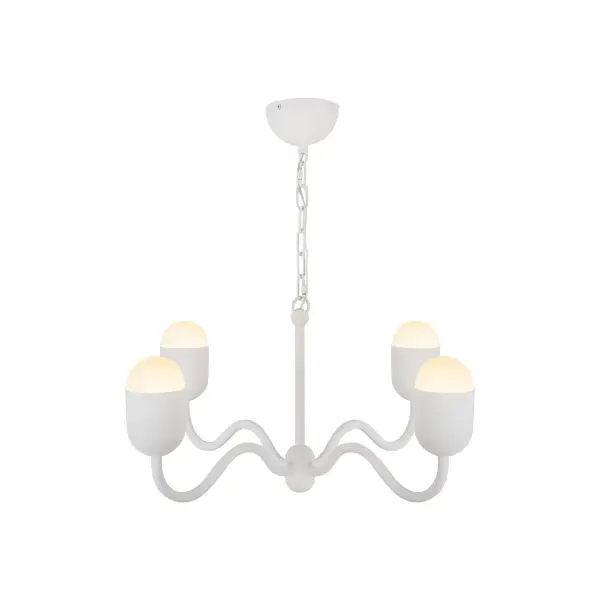 Add a touch of timeless elegance with a playful twist to your home decor. The Effie lighting collection is perfect for you! With its organically curved arms and rounded bulb effect, Effie brings a fresh take on the classic candelabra chandelier. Its fun, wavy silhouette adds a touch of whimsy to any space, making it both elegant and playful. Collection: Effie Designer: Kuzco Studio Finish: Antique White/Opal Glass Glass: Matte Opal Glass Width: 27.00" Height: 12.88" Length: 27.00" Wire: 84" Clear Canopy: D4.75" x H2.375" Number of Bulbs: 4 Maximum Wattage: 40.00 W Bulb Type: G Bulb Base: E12 Voltage: 120.00 V Material: Aluminum + Steel + Glass Country of Origin: China Safety Listing: UL Safety Rating: Dry Spec Sheet Instructions