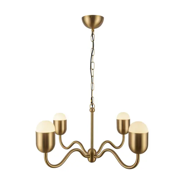 Add a touch of timeless elegance with a playful twist to your home decor. The Effie lighting collection is perfect for you! With its organically curved arms and rounded bulb effect, Effie brings a fresh take on the classic candelabra chandelier. Its fun, wavy silhouette adds a touch of whimsy to any space, making it both elegant and playful. Collection: Effie Designer: Kuzco Studio Finish: Brushed Gold/Opal Glass Glass: Matte Opal Glass Width: 27.00" Height: 12.88" Length: 27.00" Wire: 84" Clear Canopy: D4.75" x H2.375" Number of Bulbs: 4 Maximum Wattage: 40.00 W Bulb Type: G Bulb Base: E12 Voltage: 120.00 V Material: Aluminum + Steel + Glass Country of Origin: China Safety Listing: UL Safety Rating: Dry Spec Sheet Instructions