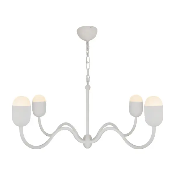 Add a touch of timeless elegance with a playful twist to your home decor. The Effie lighting collection is perfect for you! With its organically curved arms and rounded bulb effect, Effie brings a fresh take on the classic candelabra chandelier. Its fun, wavy silhouette adds a touch of whimsy to any space, making it both elegant and playful. Collection: Effie Designer: Kuzco Studio Finish: Antique White/Opal Glass Glass: Matte Opal Glass Width: 39.00" Height: 14.75" Length: 39.00" Wire: 84" Clear Canopy: D4.75" x H2.375" Number of Bulbs: 4 Maximum Wattage: 40.00 W Bulb Type: G Bulb Base: E12 Voltage: 120.00 V Material: Aluminum + Steel + Glass Country of Origin: China Safety Listing: UL Safety Rating: Dry Spec Sheet Instructions