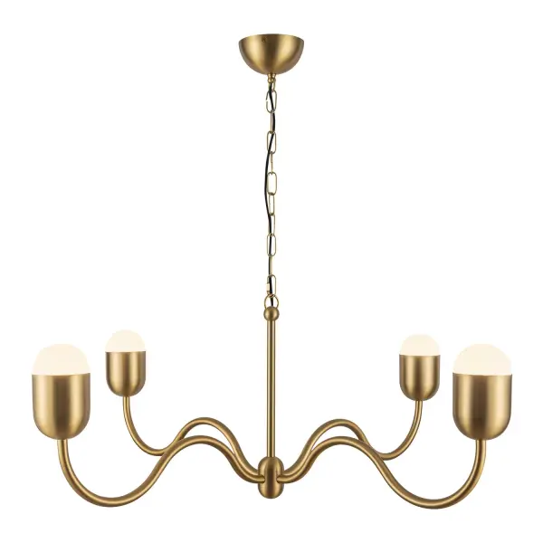 Add a touch of timeless elegance with a playful twist to your home decor. The Effie lighting collection is perfect for you! With its organically curved arms and rounded bulb effect, Effie brings a fresh take on the classic candelabra chandelier. Its fun, wavy silhouette adds a touch of whimsy to any space, making it both elegant and playful. Collection: Effie Designer: Kuzco Studio Finish: Brushed Gold/Opal Glass Glass: Matte Opal Glass Width: 39.00" Height: 14.75" Length: 39.00" Wire: 84" Clear Canopy: D4.75" x H2.375" Number of Bulbs: 4 Maximum Wattage: 40.00 W Bulb Type: G Bulb Base: E12 Voltage: 120.00 V Material: Aluminum + Steel + Glass Country of Origin: China Safety Listing: UL Safety Rating: Dry Spec Sheet Instructions