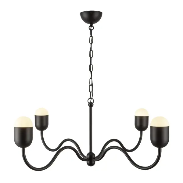 Add a touch of timeless elegance with a playful twist to your home decor. The Effie lighting collection is perfect for you! With its organically curved arms and rounded bulb effect, Effie brings a fresh take on the classic candelabra chandelier. Its fun, wavy silhouette adds a touch of whimsy to any space, making it both elegant and playful. Collection: Effie Designer: Kuzco Studio Finish: Matte Black/Opal Glass Glass: Matte Opal Glass Width: 39.00" Height: 14.75" Length: 39.00" Wire: 84" Black Canopy: D4.75" x H2.375" Number of Bulbs: 4 Maximum Wattage: 40.00 W Bulb Type: G Bulb Base: E12 Voltage: 120.00 V Material: Aluminum + Steel + Glass Country of Origin: China Safety Listing: UL Safety Rating: Dry Spec Sheet Instructions