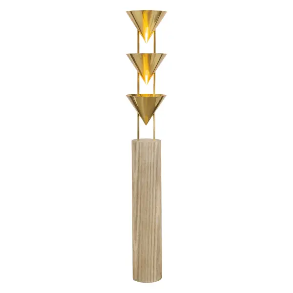 Versus is a study in contrast, translating the human form into sculptural lighting. Strong metal cones in a range of luxe finishes are anchored on faux stone columns that resemble soapstone, each tipped with a fashion-forward finial for visual intrigue. Inspired by the surrealist art of Leonora Carrington, the collection evokes slender, sharpened silhouettes that occupy space like ethereal figures or walking obelisks. The shapes recall heads, tilted chins, and leaning brows, creating a dramatic interplay of form, shadow, and scale. Versus continues a design exploration begun in 2007, celebrating contrast, elegance, and subtle wit—a nod to the timeless jest of Spy vs Spy and the enduring power of sculptural storytelling in the home. Collection: Versus Designer: Jason Koharik Finish: Patina Brass Width: 10.00" Height: 67.50" Weight: 87.28 lb Wire: 144" Black with Black Switch Canopy: D9.875" x H36.25" Number of Bulbs: 3 Maximum Wattage: 60.00 W Bulb Type: A19 Bulb Base: E26 Voltage: 120.00 V Material: Brass + Polyresin Country of Origin: China Safety Listing: ETL Safety Rating: Dry Spec Sheet Instructions