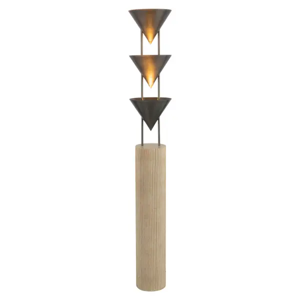 Versus is a study in contrast, translating the human form into sculptural lighting. Strong metal cones in a range of luxe finishes are anchored on faux stone columns that resemble soapstone, each tipped with a fashion-forward finial for visual intrigue. Inspired by the surrealist art of Leonora Carrington, the collection evokes slender, sharpened silhouettes that occupy space like ethereal figures or walking obelisks. The shapes recall heads, tilted chins, and leaning brows, creating a dramatic interplay of form, shadow, and scale. Versus continues a design exploration begun in 2007, celebrating contrast, elegance, and subtle wit—a nod to the timeless jest of Spy vs Spy and the enduring power of sculptural storytelling in the home. Collection: Versus Designer: Jason Koharik Finish: Aged Steel Width: 10.00" Height: 67.50" Weight: 87.28 lb Wire: 144" Black with Black Switch Canopy: D9.875" x H36.25" Number of Bulbs: 3 Maximum Wattage: 60.00 W Bulb Type: A19 Bulb Base: E26 Voltage: 120.00 V Material: Steel + Polyresin Country of Origin: China Safety Listing: ETL Safety Rating: Dry Spec Sheet Instructions