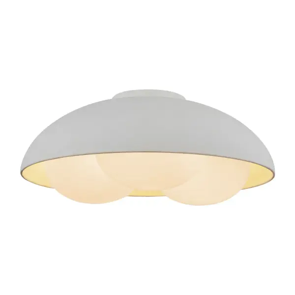 The Robyn lighting collection is inspired by the delicate beauty of a bird's nest. It features a simple bowl dome shade with three opal glass diffusers, resembling the eggs of light. This design adds a touch of decorative simplicity, bringing warmth and charm to any space. Collection: Robyn Designer: Kuzco Studio Finish: Antique White/Opal Glass Glass: Matte Opal Glass Width: 16.00" Height: 6.75" Length: 16.00" Canopy: D4.75" x H0.625" Number of Bulbs: 3 Maximum Wattage: 40.00 W Bulb Type: G Bulb Base: E26 Voltage: 120.00 V Material: Steel + Glass Country of Origin: China Safety Listing: UL Safety Rating: Dry Spec Sheet Instructions