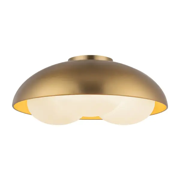 The Robyn lighting collection is inspired by the delicate beauty of a bird's nest. It features a simple bowl dome shade with three opal glass diffusers, resembling the eggs of light. This design adds a touch of decorative simplicity, bringing warmth and charm to any space. Collection: Robyn Designer: Kuzco Studio Finish: Brushed Gold/Opal Glass Glass: Matte Opal Glass Width: 16.00" Height: 6.75" Length: 16.00" Canopy: D4.75" x H0.625" Number of Bulbs: 3 Maximum Wattage: 40.00 W Bulb Type: G Bulb Base: E26 Voltage: 120.00 V Material: Steel + Glass Country of Origin: China Safety Listing: UL Safety Rating: Dry Spec Sheet Instructions