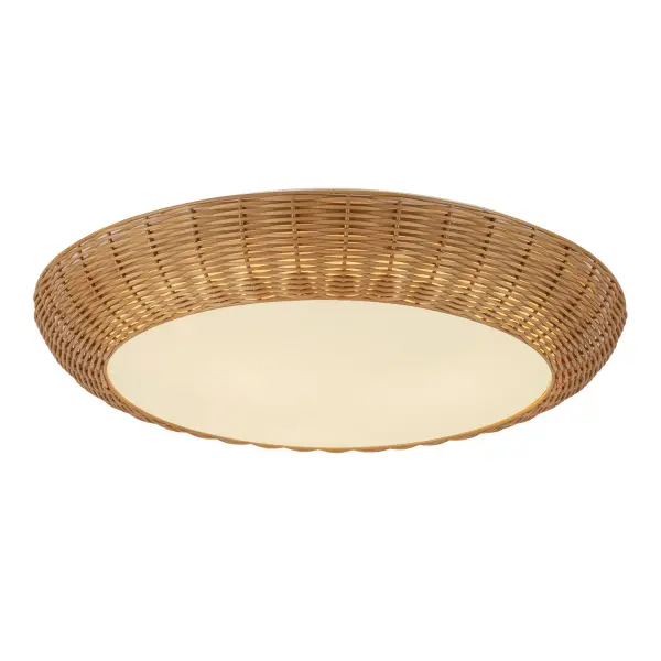 The Merida lighting collection is a must-have for anyone looking to add some texture and warmth to their minimalist space. With its natural rattan curved shade, it's like a little piece of nature indoors. The clean, simple shape is both subtle and striking, giving your space a modern, organic feel. Collection: Merida Designer: Elisa Carlucci Finish: Rattan Glass: Matte Opal Glass Width: 20.75" Height: 4.13" Length: 20.75" Number of Bulbs: 3 Maximum Wattage: 40.00 W Bulb Type: B Bulb Base: E26 Voltage: 120.00 V Material: Steel + Glass + Rattan Country of Origin: China Safety Listing: UL Safety Rating: Dry Spec Sheet Instructions