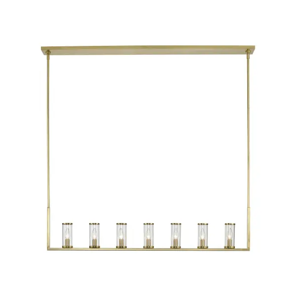 Evoking the elegance of antique candle-holders, Revolve has clear glass tubes accented with metal rings, gathered around a striking chandelier body. Available in multiple finishes, also available as a series of coordinating vanity and wall sconces. Collection: Revolve Sub-Brand: ALORA Finish: Clear Glass/Natural Brass Glass: Clear Glass Width: 2.38" Height: 10.50" Length: 47.25" Weight: 23.70 lb Wire: 144" Rod: 46" (6x12" + 2x6" + 2x4") Canopy: L49.25" x W4.375" x H0.875" Number of Bulbs: 7 Maximum Wattage: 60.00 W Bulb Type: Candelabra Bulb Base: E12 Candelabra Light Source: Incandescent Voltage: 120.00 V Material: Steel + Glass Country of Origin: China Safety Listing: UL Safety Rating: Dry Manufacturer Warranty: 1 Year Spec Sheet Instructions