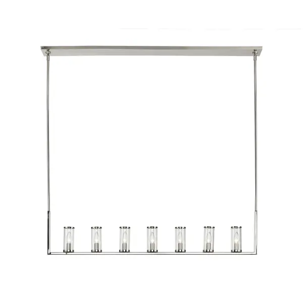 Evoking the elegance of antique candle-holders, Revolve has clear glass tubes accented with metal rings, gathered around a striking chandelier body. Available in multiple finishes, also available as a series of coordinating vanity and wall sconces. Collection: Revolve Sub-Brand: ALORA Finish: Clear Glass/Polished Nickel Glass: Clear Glass Width: 2.38" Height: 10.50" Length: 47.25" Weight: 23.70 lb Wire: 144" Rod: 46" (6x12" + 2x6" + 2x4") Canopy: L49.25" x W4.375" x H0.875" Number of Bulbs: 7 Maximum Wattage: 60.00 W Bulb Type: Candelabra Bulb Base: E12 Candelabra Light Source: Incandescent Voltage: 120.00 V Material: Steel + Glass Country of Origin: China Safety Listing: UL Safety Rating: Dry Manufacturer Warranty: 1 Year Spec Sheet Instructions