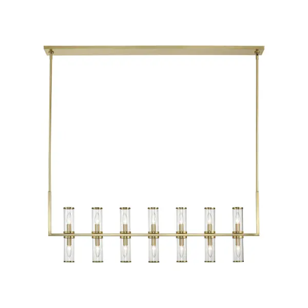 Evoking the elegance of antique candle-holders, Revolve has clear glass tubes accented with metal rings, gathered around a striking chandelier body. Available in multiple finishes, also available as a series of coordinating vanity and wall sconces. Collection: Revolve Sub-Brand: ALORA Finish: Clear Glass/Natural Brass Glass: Clear Glass Width: 2.38" Height: 16.38" Length: 47.25" Weight: 27.90 lb Wire: 144" Rod: 46" (6x12" + 2x6" + 2x4") Canopy: L49.25" x W4.375" x H0.875" Number of Bulbs: 14 Maximum Wattage: 60.00 W Bulb Type: Candelabra Bulb Base: E12 Candelabra Light Source: Incandescent Voltage: 120.00 V Material: Steel + Glass Country of Origin: China Safety Listing: UL Safety Rating: Dry Manufacturer Warranty: 1 Year Spec Sheet Instructions