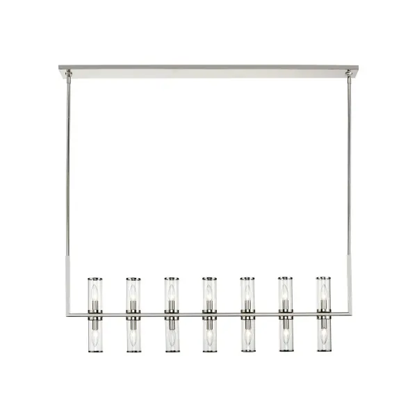 Evoking the elegance of antique candle-holders, Revolve has clear glass tubes accented with metal rings, gathered around a striking chandelier body. Available in multiple finishes, also available as a series of coordinating vanity and wall sconces. Collection: Revolve Sub-Brand: ALORA Finish: Clear Glass/Polished Nickel Glass: Clear Glass Width: 2.38" Height: 16.38" Length: 47.25" Weight: 27.90 lb Wire: 144" Rod: 46" (6x12" + 2x6" + 2x4") Canopy: L49.25" x W4.375" x H0.875" Number of Bulbs: 14 Maximum Wattage: 60.00 W Bulb Type: Candelabra Bulb Base: E12 Candelabra Light Source: Incandescent Voltage: 120.00 V Material: Steel + Glass Country of Origin: China Safety Listing: UL Safety Rating: Dry Manufacturer Warranty: 1 Year Spec Sheet Instructions