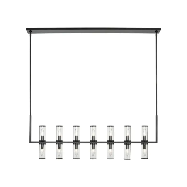 Evoking the elegance of antique candle-holders, Revolve has clear glass tubes accented with metal rings, gathered around a striking chandelier body. Available in multiple finishes, also available as a series of coordinating vanity and wall sconces. Collection: Revolve Sub-Brand: ALORA Finish: Clear Glass/Urban Bronze Glass: Clear Glass Width: 2.38" Height: 16.38" Length: 47.25" Weight: 27.90 lb Wire: 144" Rod: 46" (6x12" + 2x6" + 2x4") Canopy: L49.25" x W4.375" x H0.875" Number of Bulbs: 14 Maximum Wattage: 60.00 W Bulb Type: Candelabra Bulb Base: E12 Candelabra Light Source: Incandescent Voltage: 120.00 V Material: Steel + Glass Country of Origin: China Safety Listing: UL Safety Rating: Dry Manufacturer Warranty: 1 Year Spec Sheet Instructions