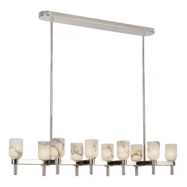 The Lucian collection is inspired by the classic shapes of antique lighting, made modern. Modern touches can be seen in the organically curved backplates and custom designed stems that create the stunning look of the Lucian. Completed with either clear glass or alabaster bowl shades, this collection defines classic elegance. Alabaster boasts distinct variations in both its veining and tone, a unique characteristic of a timeless natural material. No two pieces will look the exact same. Collection: Lucian Designer: Elisa Carlucci Finish: Polished Nickel/Alabaster Glass: Alabaster Shade Width: 12.00" Height: 9.13" Length: 51.50" Wire: 144" Rod: 46" (6x12" + 2x6" + 2x4") Canopy: L36.125" x W4.75" x H1.25" Number of Bulbs: 10 Maximum Wattage: 60.00 W Bulb Type: E12 Bulb Base: E12 Candelabra Voltage: 120.00 V Material: Steel + Alabaster Country of Origin: China Safety Listing: UL Safety Rating: Dry Manufacturer Warranty: 1 Year Spec Sheet Instructions