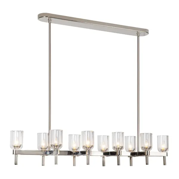 The Lucian collection is inspired by the classic shapes of antique lighting, made modern. Modern touches can be seen in the organically curved backplates and custom designed stems that create the stunning look of the Lucian. Completed with either clear glass or alabaster bowl shades, this collection defines classic elegance. Alabaster boasts distinct variations in both its veining and tone, a unique characteristic of a timeless natural material. No two pieces will look the exact same. Collection: Lucian Designer: Elisa Carlucci Finish: Polished Nickel/Clear Crystal Glass: Clear Crystal Crystal: Clear Crystal Width: 12.00" Height: 9.13" Length: 51.50" Wire: 144" Rod: 46" (6x12" + 2x6" + 2x4") Canopy: L36.125" x W4.75" x H1.25" Number of Bulbs: 10 Maximum Wattage: 60.00 W Bulb Type: E12 Bulb Base: E12 Candelabra Voltage: 120.00 V Material: Steel + Crystal Country of Origin: China Safety Listing: UL Safety Rating: Dry Manufacturer Warranty: 1 Year Spec Sheet Instructions