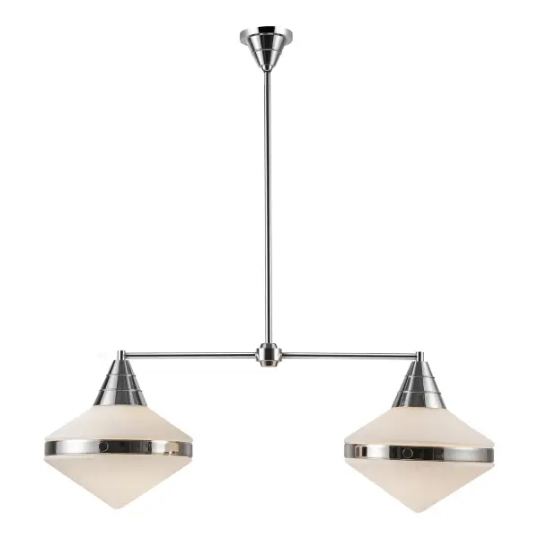 The Willard collection is reminiscent of a cozy English cottage. Strong metal details collide seamlessly with either prismatic or matte opal glass accents to create something timeless yet original. Classic geometry creates stunning silhouettes in any space the Willard is placed. Collection: Willard Designer: Alan Pepin Finish: Polished Nickel/Opal Matte Glass Glass: Matte Opal Glass Width: 13.50" Height: 14.88" Length: 40.63" Wire: 144" Rod: 46" (3x12" + 1x6" + 1x4") Canopy: D5" x H3.25" Number of Bulbs: 2 Maximum Wattage: 60.00 W Bulb Type: A19 Bulb Base: E26 Voltage: 120.00 V Material: Steel + Glass Country of Origin: China Safety Listing: UL Safety Rating: Dry Manufacturer Warranty: 1 Year Spec Sheet Instructions