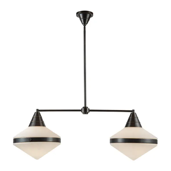 The Willard collection is reminiscent of a cozy English cottage. Strong metal details collide seamlessly with either prismatic or matte opal glass accents to create something timeless yet original. Classic geometry creates stunning silhouettes in any space the Willard is placed. Collection: Willard Designer: Alan Pepin Finish: Urban Bronze/Opal Matte Glass Glass: Matte Opal Glass Width: 13.50" Height: 14.88" Length: 40.63" Wire: 144" Rod: 46" (3x12" + 1x6" + 1x4") Canopy: D5" x H3.25" Number of Bulbs: 2 Maximum Wattage: 60.00 W Bulb Type: A19 Bulb Base: E26 Voltage: 120.00 V Material: Steel + Glass Country of Origin: China Safety Listing: UL Safety Rating: Dry Manufacturer Warranty: 1 Year Spec Sheet Instructions
