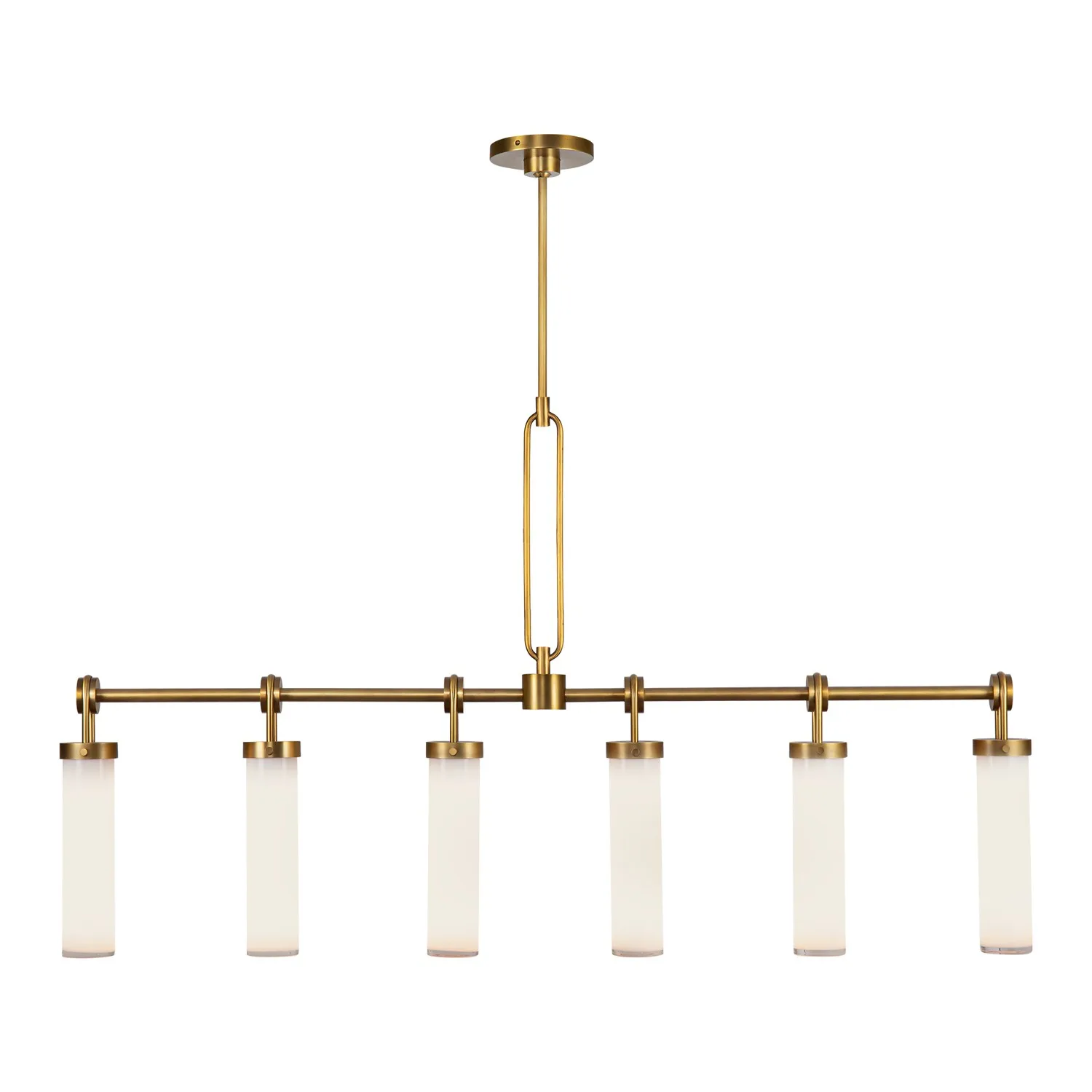 Wynwood Six Light Linear Pendant in Vintage Brass/Glossy Opal