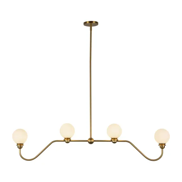 The Beckett Linear Pendant draws on vintage-inspired design with curved arms and soft opal glass globes, evoking the warmth of a cottage or farmhouse setting. Its linear form provides ample, evenly distributed light, making it perfect for kitchen islands, dining tables, or workspace areas. While vintage in spirit, Beckett's clean lines and modern proportions ensure it complements a variety of interiors, from transitional to contemporary. Combining cozy charm with functional illumination, this pendant adds warmth, style, and timeless appeal to any room. Collection: Beckett Designer: Ryan Pauly Finish: Brushed Gold Glass: Matte Opal Glass Width: 4.75" Height: 11.50" Length: 48.50" Weight: 10.41 lb Wire: 60" Rod: 46" (3x12" + 1x6" + 1x4") Canopy: D5.125" x H0.625" Number of Bulbs: 4 Maximum Wattage: 40.00 W Bulb Base: E12 Candelabra Voltage: 120.00 V Material: Steel + Glass Country of Origin: China Safety Listing: UL Safety Rating: Dry Spec Sheet Instructions
