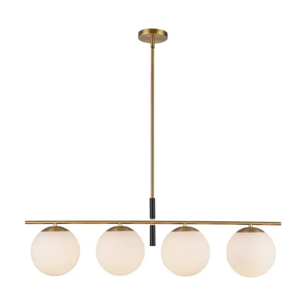 Give your space a chic makeover with the Zuri lighting collection. This pendant design has opal glass globes and cool mixed-material accents, giving it a modern vibe that's both elegant and stylish. It'll instantly elevate the look of any room! Collection: Zuri Designer: Kuzco Studio Finish: Brushed Gold/Opal Glass Glass: Matte Opal Glass Width: 7.13" Height: 11.13" Length: 37.00" Wire: 60" Rod: 46" (3x12" + 1x6" + 1x4") Canopy: D4.75" x H0.875" Number of Bulbs: 4 Maximum Wattage: 60.00 W Bulb Type: A19 Bulb Base: E26 Voltage: 120.00 V Material: Steel + Glass Country of Origin: China Safety Listing: UL Safety Rating: Dry Spec Sheet Instructions