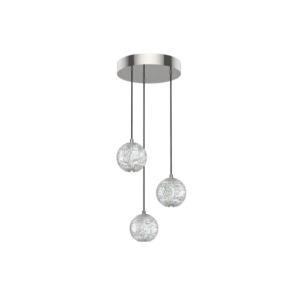Like a gorgeously beaded garment, the Marni collection add luxury and interest to any design. Meticulously cut spherical shades create glittering beams of illumination throughout the design. Available in Polished Nickel and Natural Brass accompaniments. Collection: Marni Designer: Ryan Pauly Sub-Brand: ALORA Finish: Polished Nickel Glass: Clear Carved Acrylic Width: 11.13" Height: 4.63" Length: 11.13" Wire: 144" Black Braided Canopy: D9.5" x H1.25" Maximum Wattage: 16.00 W Bulb Type: LED Bulb Base: DC LED Light Source: LED Light Output: 1100.00 lm Delivered Lumens: 970.00 lm Color Temperature: 3000 K CRI: 90 Rated Average Life: 50,000 Voltage: 120.00 V Material: Aluminum + Steel Country of Origin: China Safety Listing: ETL Safety Rating: Dry LED Manufacturer Warranty: 5 Years Spec Sheet Instructions