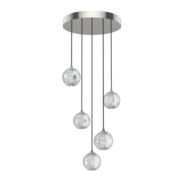 Like a gorgeously beaded garment, the Marni collection add luxury and interest to any design. Meticulously cut spherical shades create glittering beams of illumination throughout the design. Available in Polished Nickel and Natural Brass accompaniments. Collection: Marni Designer: Ryan Pauly Sub-Brand: ALORA Finish: Polished Nickel Glass: Clear Carved Acrylic Width: 15.25" Height: 4.63" Length: 15.25" Wire: 144" Black Braided Canopy: D14.25" x H1.25" Maximum Wattage: 25.00 W Bulb Type: LED Bulb Base: DC LED Light Source: LED Light Output: 1785.00 lm Delivered Lumens: 1585.00 lm Color Temperature: 3000 K CRI: 90 Rated Average Life: 50,000 Voltage: 120.00 V Material: Aluminum + Steel Country of Origin: China Safety Listing: ETL Safety Rating: Dry LED Manufacturer Warranty: 5 Years Spec Sheet Instructions