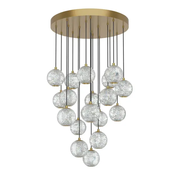 Like a gorgeously beaded garment, the Marni collection add luxury and interest to any design. Meticulously cut spherical shades create glittering beams of illumination throughout the design. Available in Polished Nickel and Natural Brass accompaniments. Collection: Marni Designer: Ryan Pauly Sub-Brand: ALORA Finish: Natural Brass Glass: Clear Carved Acrylic Width: 21.13" Height: 4.63" Length: 21.13" Wire: 144" Black Braided Canopy: D19.75" x H1.875" Maximum Wattage: 90.00 W Bulb Type: LED Bulb Base: DC LED Light Source: LED Light Output: 6460.00 lm Delivered Lumens: 5590.00 lm Color Temperature: 3000 K CRI: 90 Rated Average Life: 50,000 Voltage: 120.00 V Material: Aluminum + Steel Country of Origin: China Safety Listing: ETL Safety Rating: Dry LED Manufacturer Warranty: 5 Years Spec Sheet Instructions