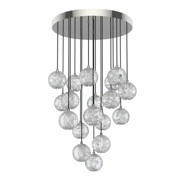 Like a gorgeously beaded garment, the Marni collection add luxury and interest to any design. Meticulously cut spherical shades create glittering beams of illumination throughout the design. Available in Polished Nickel and Natural Brass accompaniments. Collection: Marni Designer: Ryan Pauly Sub-Brand: ALORA Finish: Polished Nickel Glass: Clear Carved Acrylic Width: 21.13" Height: 4.63" Length: 21.13" Wire: 144" Black Braided Canopy: D19.75" x H1.875" Maximum Wattage: 90.00 W Bulb Type: LED Bulb Base: DC LED Light Source: LED Light Output: 6460.00 lm Delivered Lumens: 5700.00 lm Color Temperature: 3000 K CRI: 90 Rated Average Life: 50,000 Voltage: 120.00 V Material: Aluminum + Steel Country of Origin: China Safety Listing: ETL Safety Rating: Dry LED Manufacturer Warranty: 5 Years Spec Sheet Instructions